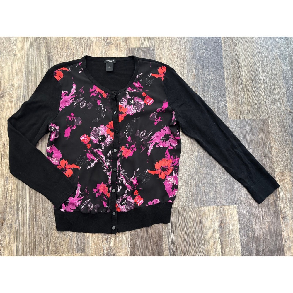 Ann Taylor Petite Black Floral Mixed Media Button Front Cardigan LP